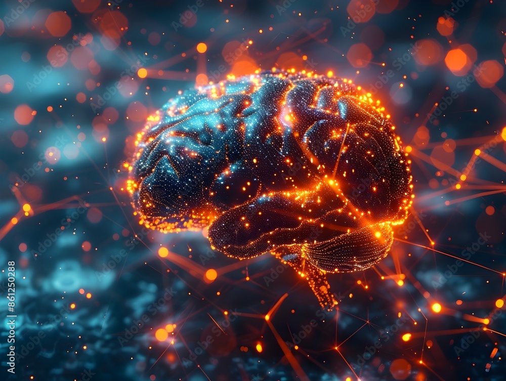 Poster futuristic brain concept with glowing neural network of light beams and pulses