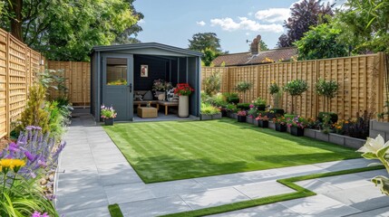 A general view of a back garden with artificial grass, grey paving slab patio, flower bed with plants, timber fences, blue shed, summer house garden timber outbuilding