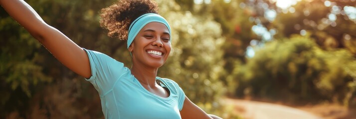 A woman in blue activewear smiles brightly while enjoying a sunny day on a running trail surrounded by lush greenery.