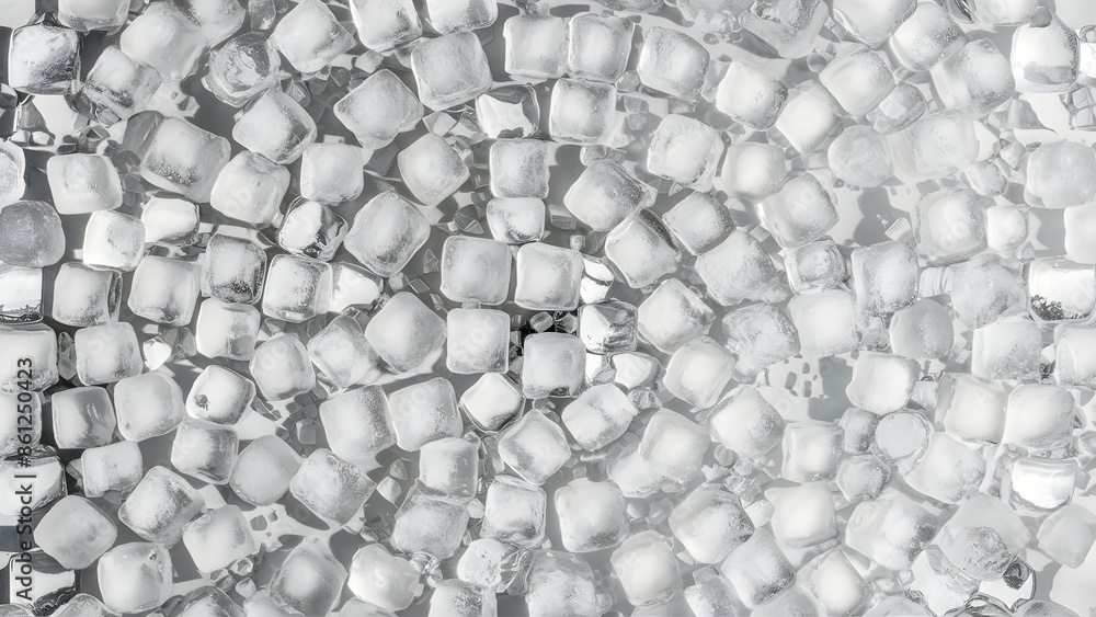 Poster simple image featuring an abundance of ice cubes, filling the frame and set against a pristine white