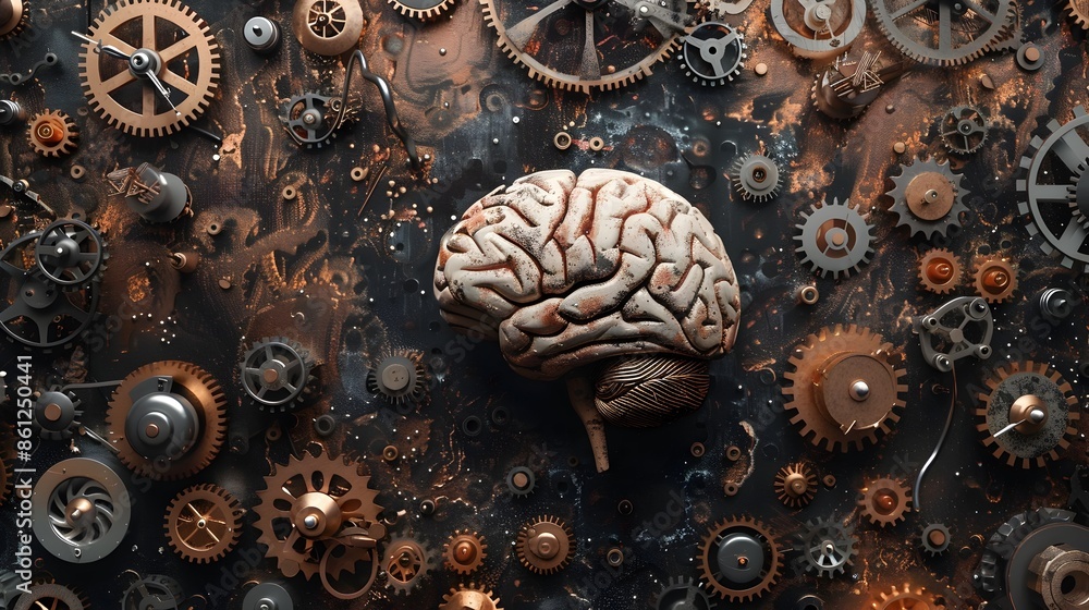 Poster brain integrated with clockwork mechanisms symbolizing time and thought