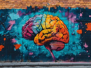 Obraz premium Vibrant Graffiti Brain Mural in Urban Street Setting Representing Creativity and Cognitive Concepts