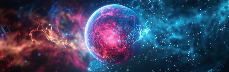 Naklejka premium Neon Energy Sphere Surrounded by Dynamic Particles