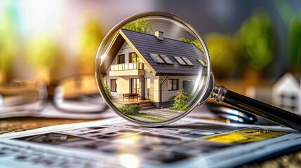 Checking and searching home with magnifying glass. Choice of house to buy and invest in. Concept of real estate inspection, appraisal, property, land valuation, house search