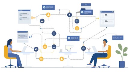 Obraz premium Workflow diagram illustrating the stages of a customer service process. Highlights the flow of information from initial inquiry to resolution and feedback