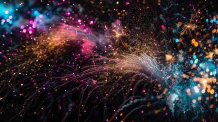 Fototapeta premium A vibrant display of fireworks against a dark, black background, illuminating the night sky with colorful bursts of light and sparkles