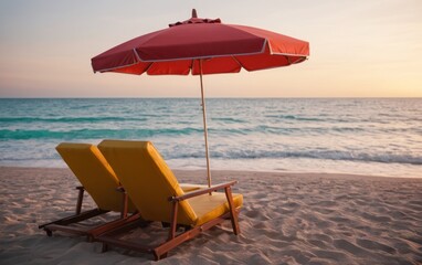  two lounge chairs and an umbrella on a beach at sunset with the ocean in the background,