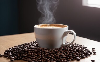 Naklejka premium a cup of coffee sitting on top of a table next to a pile of coffee beans,
