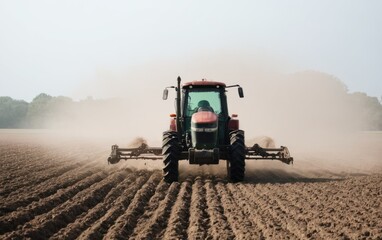 Obraz premium a tractor plowing a field in the middle of the day with dust coming out of it,