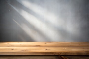 Empty wood table top on Light Gray Wall with Soft Gradient Shadows
