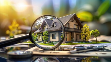 Checking and searching home with magnifying glass. Choice of house to buy and invest in. Concept of real estate inspection, appraisal, property, land valuation, house search