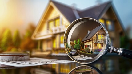 Checking and searching home with magnifying glass. Choice of house to buy and invest in. Concept of real estate inspection, appraisal, property, land valuation, house search