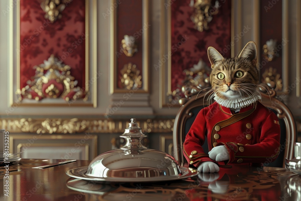 Poster a cat dressed in a tuxedo is standing at a table with a silver tray