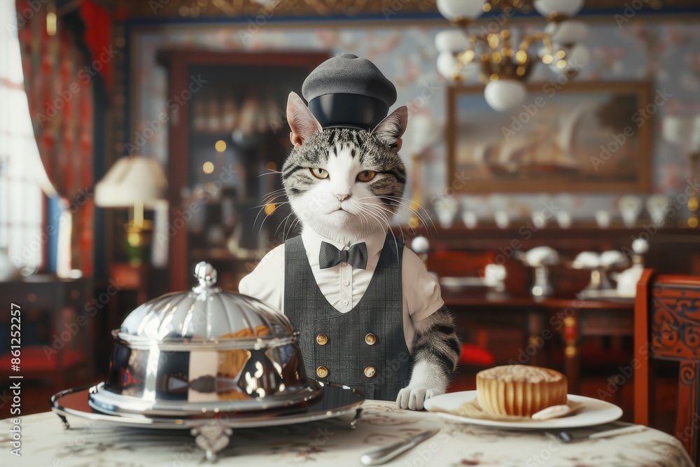 Poster a cat dressed in a tuxedo is standing at a table with a silver tray