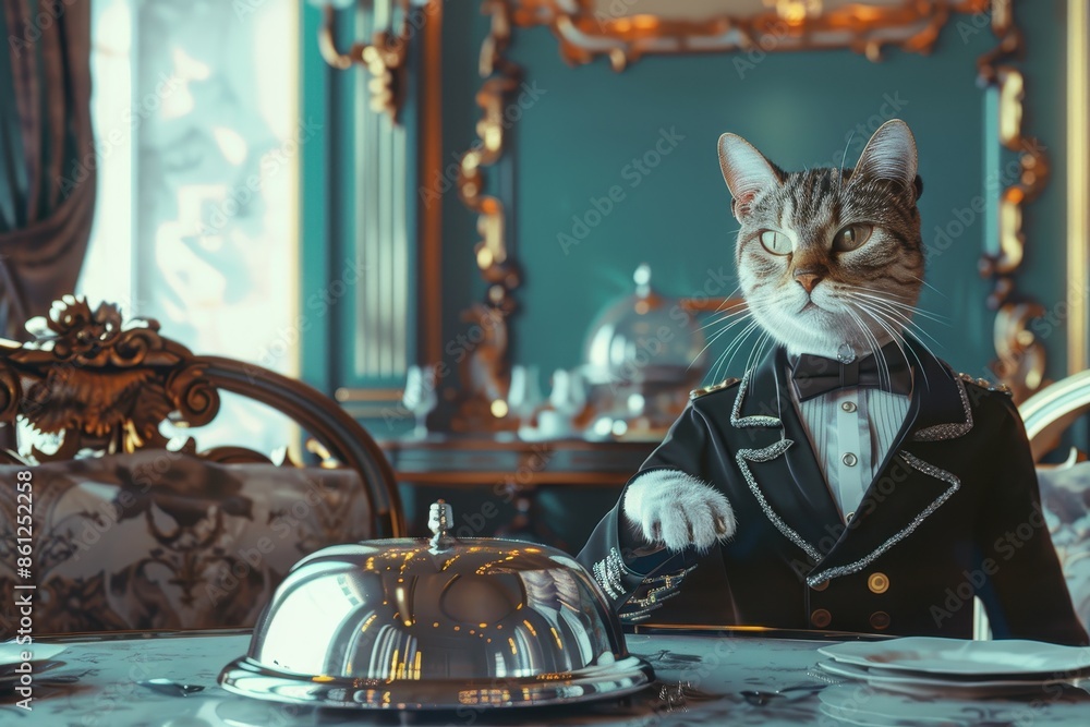 Poster a cat dressed in a tuxedo is standing at a table with a silver tray