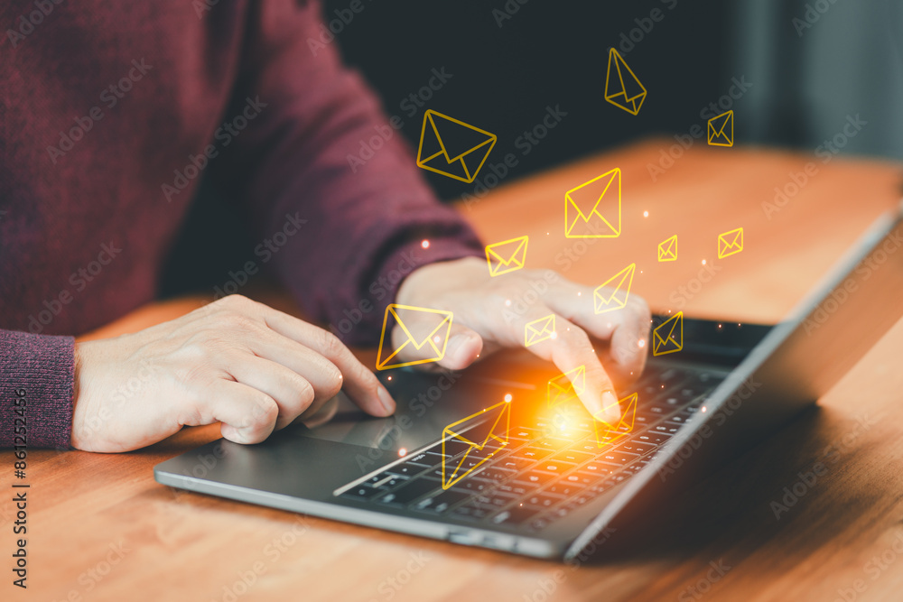 Poster technology and lifestyle concepts, email marketing and newsletters. male hand using computer laptop 