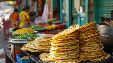 A street food stall with stacks of freshly made roti, displayed in a colorful market setting