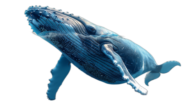 A humpback whale breaches out of the ocean water with its body fully extended on a transparent background