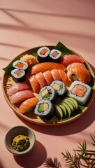 A variety of sushi rolls and nigiri arranged on a wooden plate with a green leaf, illuminated by the warm light of golden hour