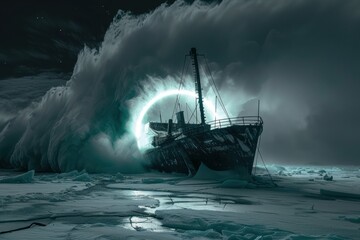 Obraz premium Wrecked ship on ice lake at night