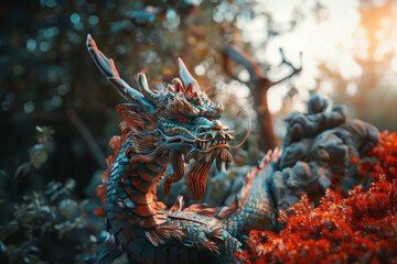 Majestic dragon statue amidst lush foliage, creating a mystical and enchanting scene