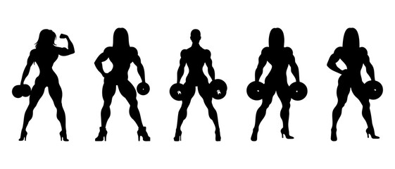 Female bodybuilder silhouette black filled vector Illustration icon. Women with dumbbell.