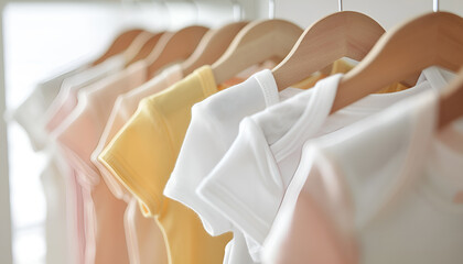 Baby bodysuits hanging on rack near white wall, closeup