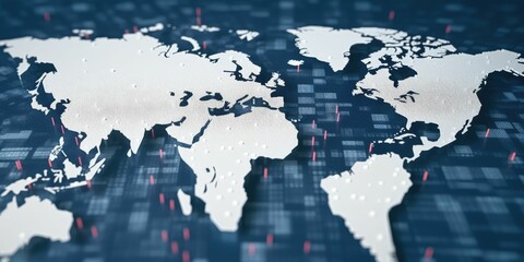 Digital world map with glowing cyber data points on dark blue background. Global connectivity and internet technology concept. Design for network, communication, technology innovation theme. AIG35.