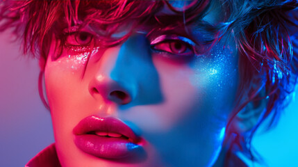 Neon-lit Portrait of Fashion Model with Glitter Makeup