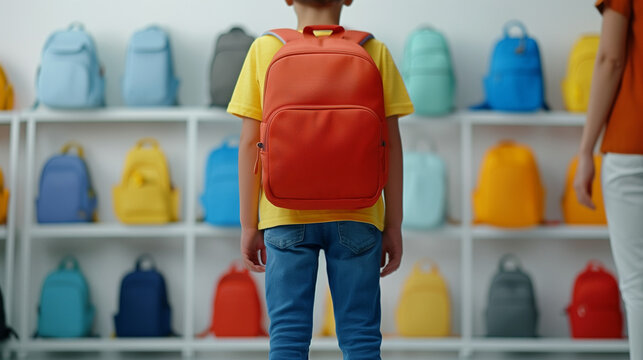 'child picking out a new backpack, parent offering guidance, wide selection available' 