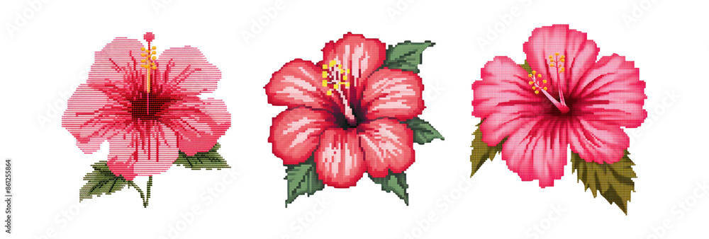 Poster cross stitched hibiscus png element set on transparent background