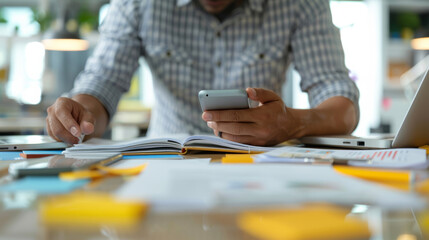 frustrated office worker slamming phone on desk, messy workspace, files and papers scattered, bright office lighting 