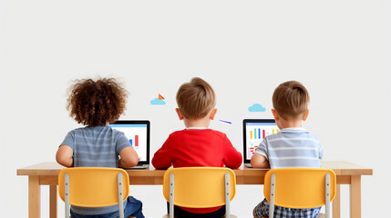 'group of children participating in an online class via laptops, engaged and interacting with the virtual teacher' 
