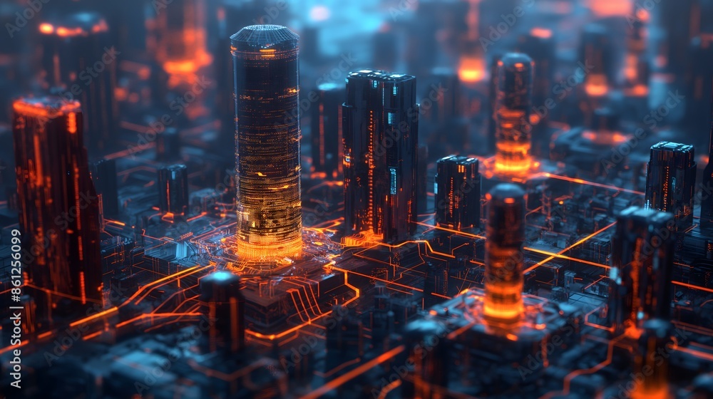Poster 8. design a futuristic cityscape of interconnected towers and bridges, embedded with glowing pattern