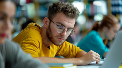 'group of university students studying together in a library, books and laptops on the table, quiet and scholarly environment' 
