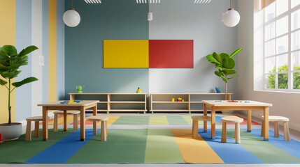 'kindergarten classroom with colorful decorations, children working on puzzles at small tables' 