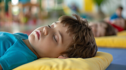 'kindergarten naptime, children resting on mats with soft blankets, peaceful and quiet environment' 