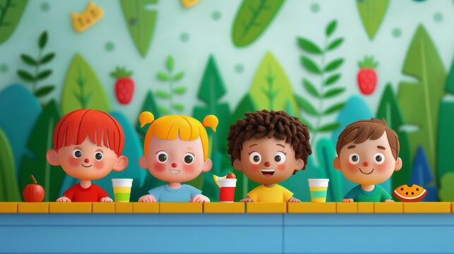 'kindergarten children enjoying a healthy snack time, sitting at small tables, colorful and inviting setting' 