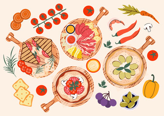 Process of cooking food from above. Ingredient for dishes. Chef. Kitchen. Culinary concept. Master Class. Preparing food. Flat style. Meal. Making pizza, salami, ham. Vegetables. Cutting board. Health