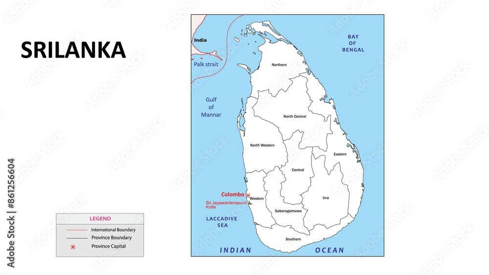 Sticker Sri Lanka Map. State map of Sri Lanka. Administrative map of Sri Lanka with state and capital in white color.