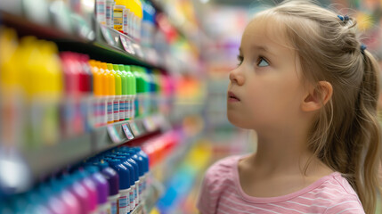 'parent and child deciding on a set of markers, comparing brands and colors, back-to-school shopping' 