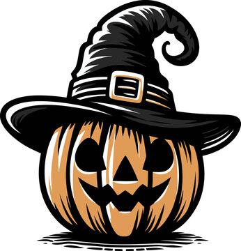 recommend clip art: Halloween pumpkin in witch hat vector illustration in vintage style