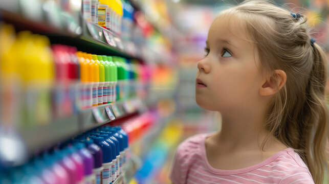 'parent and child deciding on a set of markers, comparing brands and colors, back-to-school shopping' 
