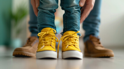 'parent helping a child get ready for school, tying shoelaces, and adjusting the backpack' 