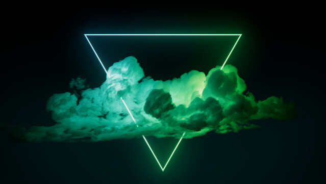 Cyberpunk Background Design. Cloud Formation with Green and Turquoise, Triangle shaped Neon Frame.