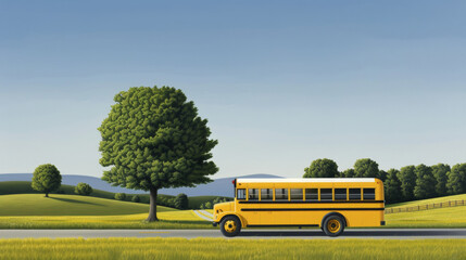 Obraz premium 'school bus on a rural road, passing by fields and trees, early morning light' 