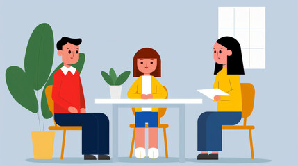 Fototapeta premium 'school child attending a parent-teacher meeting with only one parent, teacher discussing support strategies' 