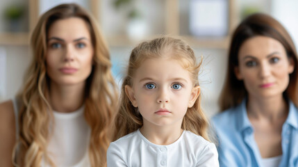 Obraz premium 'school child sitting between parents during a meeting with a school counselor, concerned expressions, bright and supportive office' 