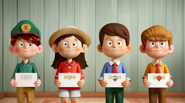 'scouts at an awards ceremony, receiving badges and certificates, proud expressions' 