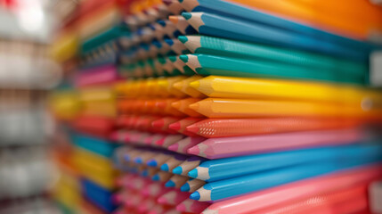 'store shelves filled with colorful pencil cases and stationery sets, closeup view' 